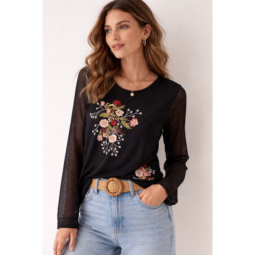 Chicos Womens Black Floral‎ Embroidered Mesh Overlay Top Size 16 Long Sleeve